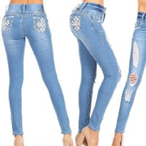 Cross My Heart Ripped Skinny Jeans- Light Blue
